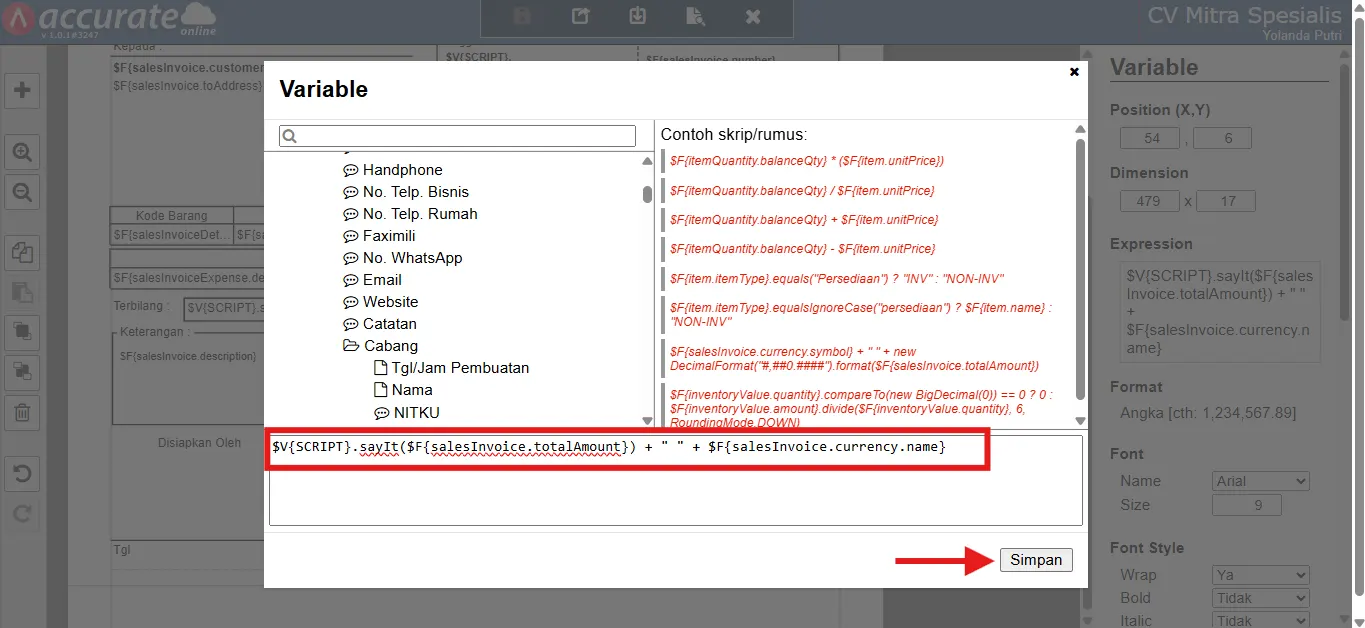 cara menampilkan terbilang di faktur penjualan